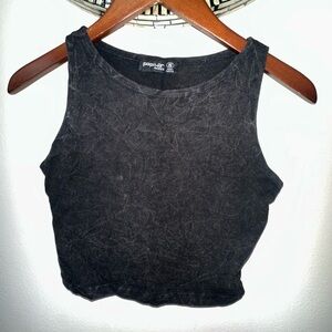 Acid Wash Black Cropped Tank Top - Crew Neck